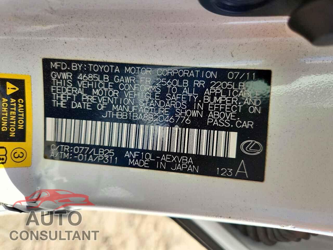 LEXUS HS 2011 - JTHBB1BA8B2046776