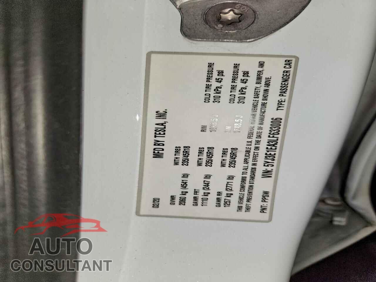 TESLA MODEL 3 2020 - 5YJ3E1EA3LF633006