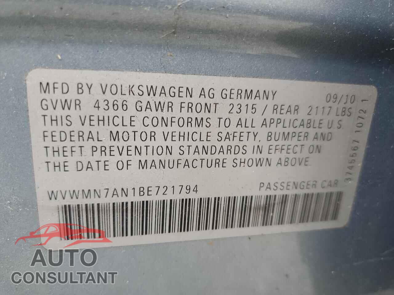 VOLKSWAGEN CC 2011 - WVWMN7AN1BE721794