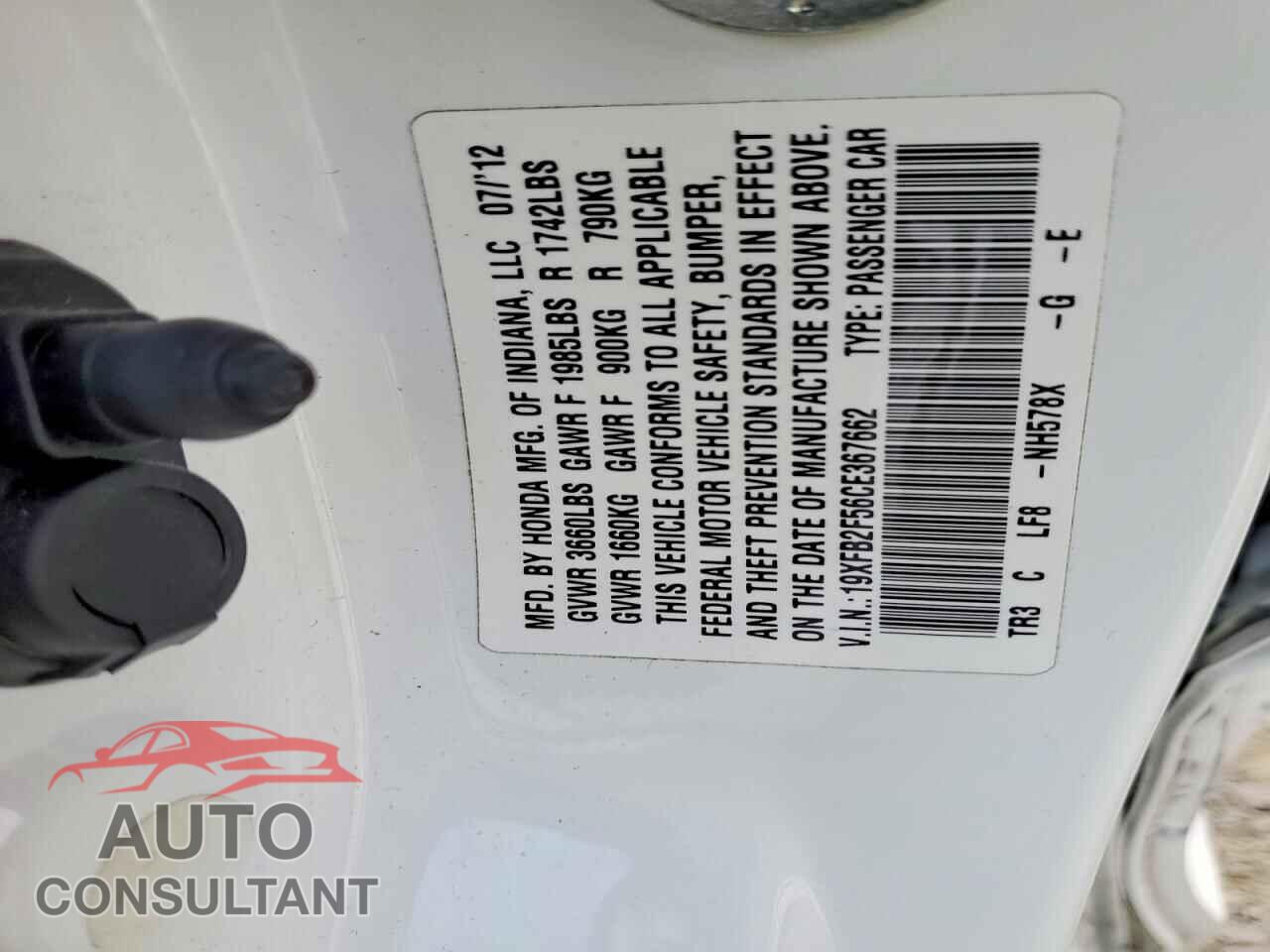 HONDA CIVIC 2012 - 19XFB2F56CE367662