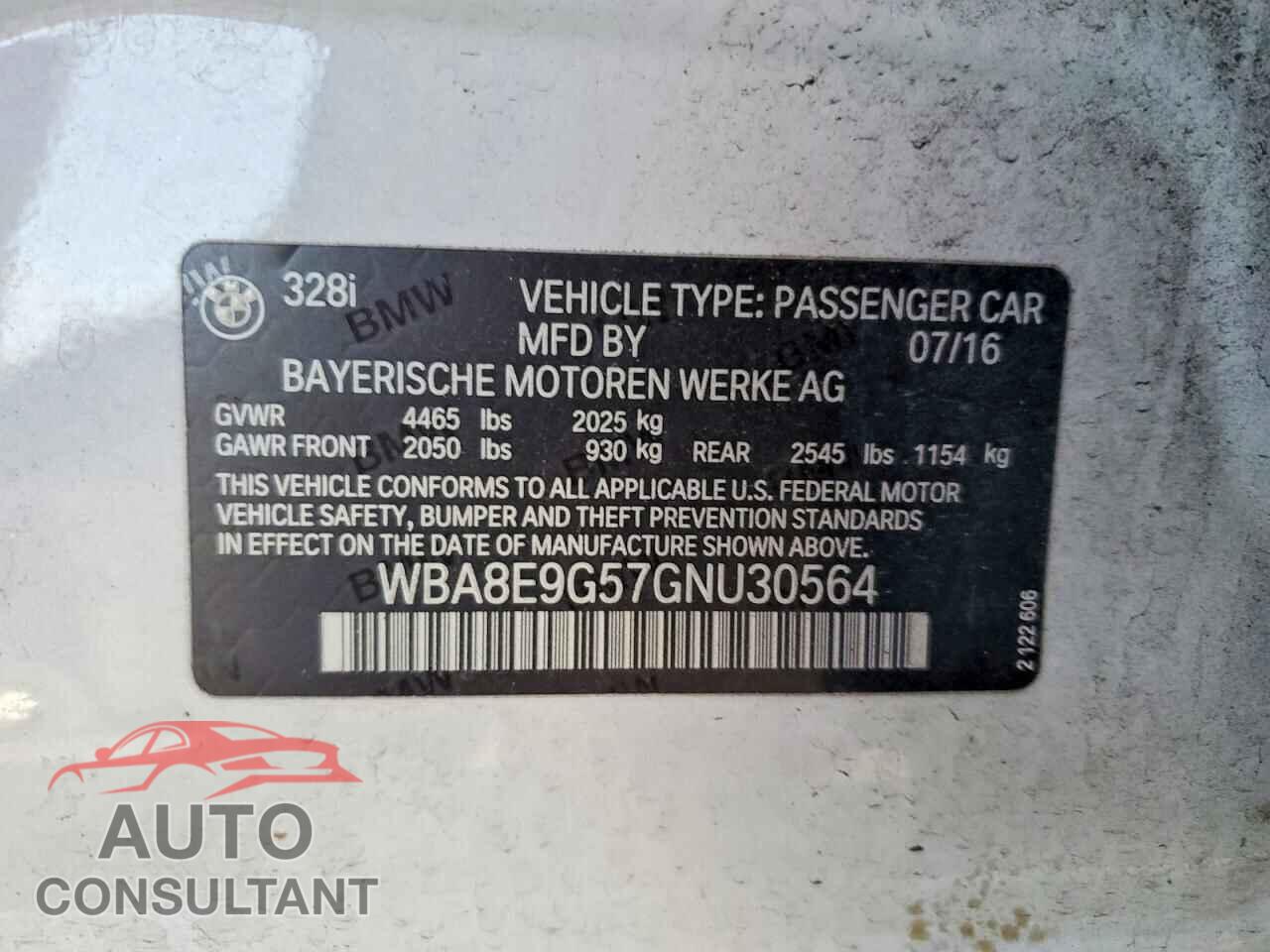 BMW 3 SERIES 2016 - WBA8E9G57GNU30564