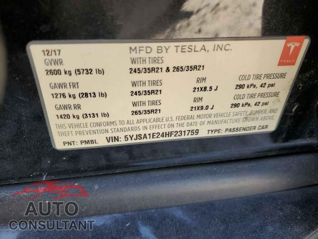 TESLA MODEL S 2017 - 5YJSA1E24HF231759