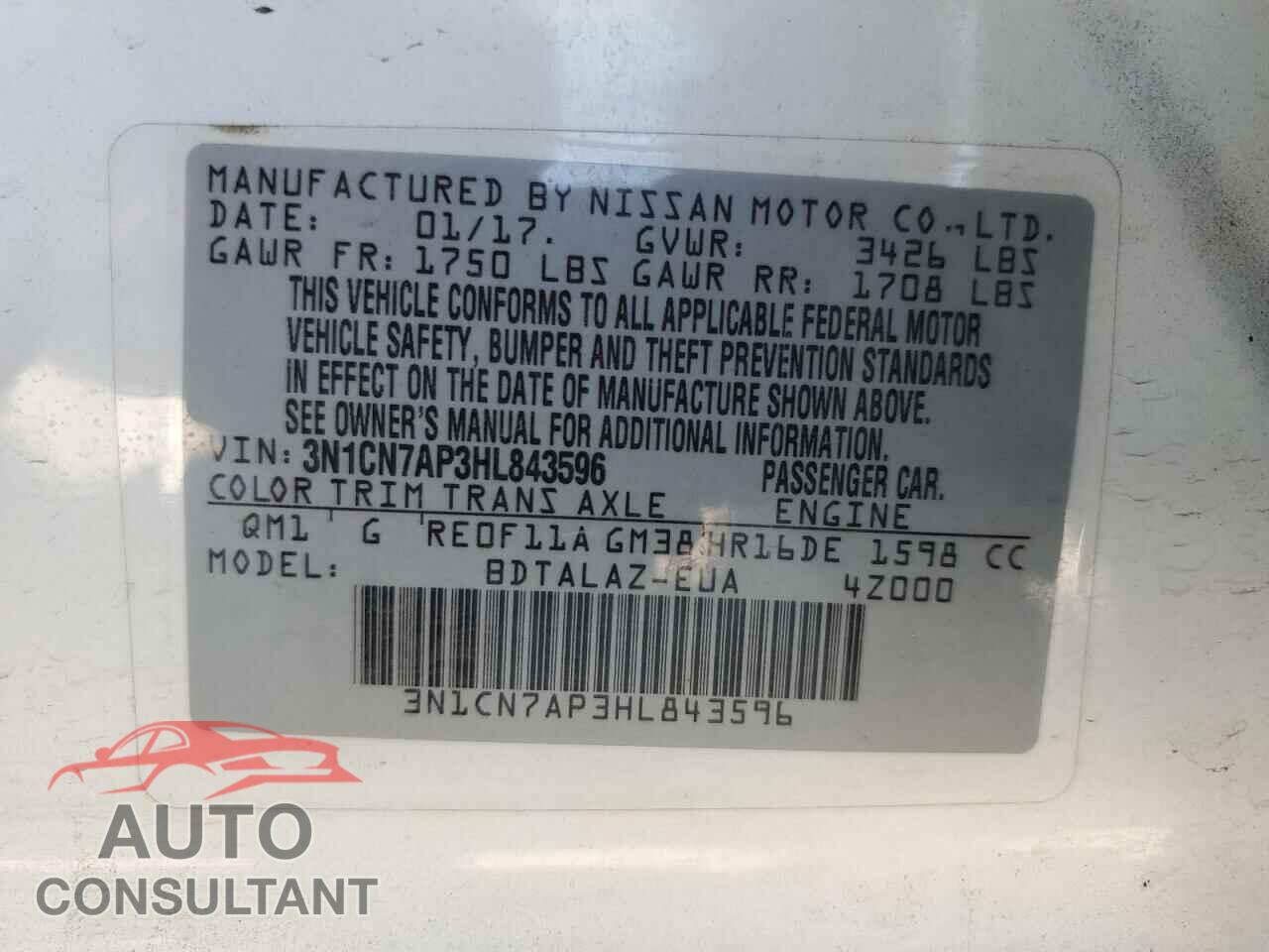 NISSAN VERSA 2017 - 3N1CN7AP3HL843596