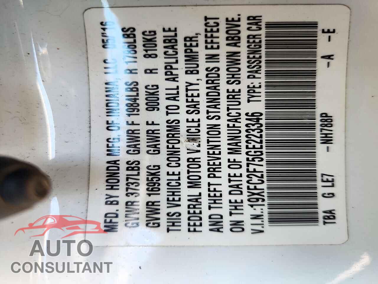 HONDA CIVIC 2016 - 19XFC2F75GE223346