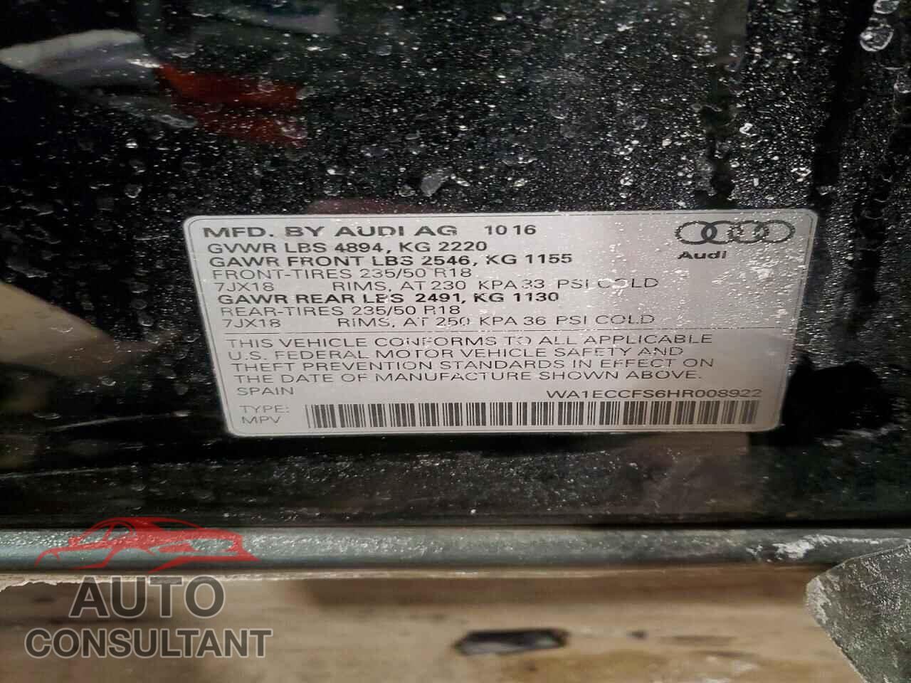 AUDI Q3 2017 - WA1ECCFS6HR008922
