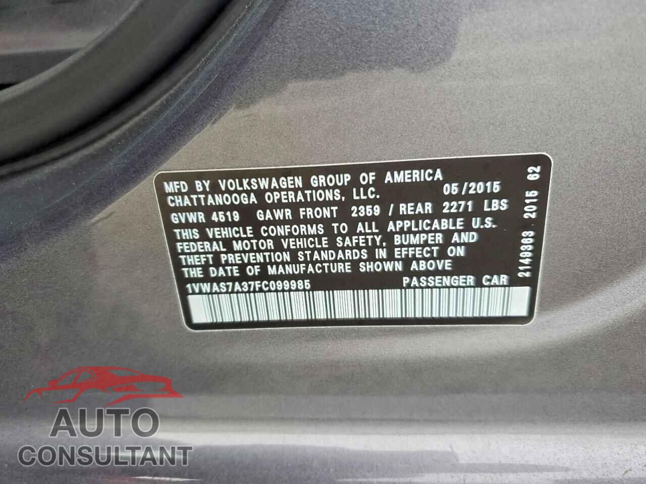 VOLKSWAGEN PASSAT 2015 - 1VWAS7A37FC099985