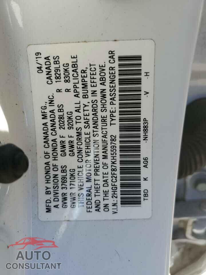 HONDA CIVIC 2019 - 2HGFC2F87KH559782