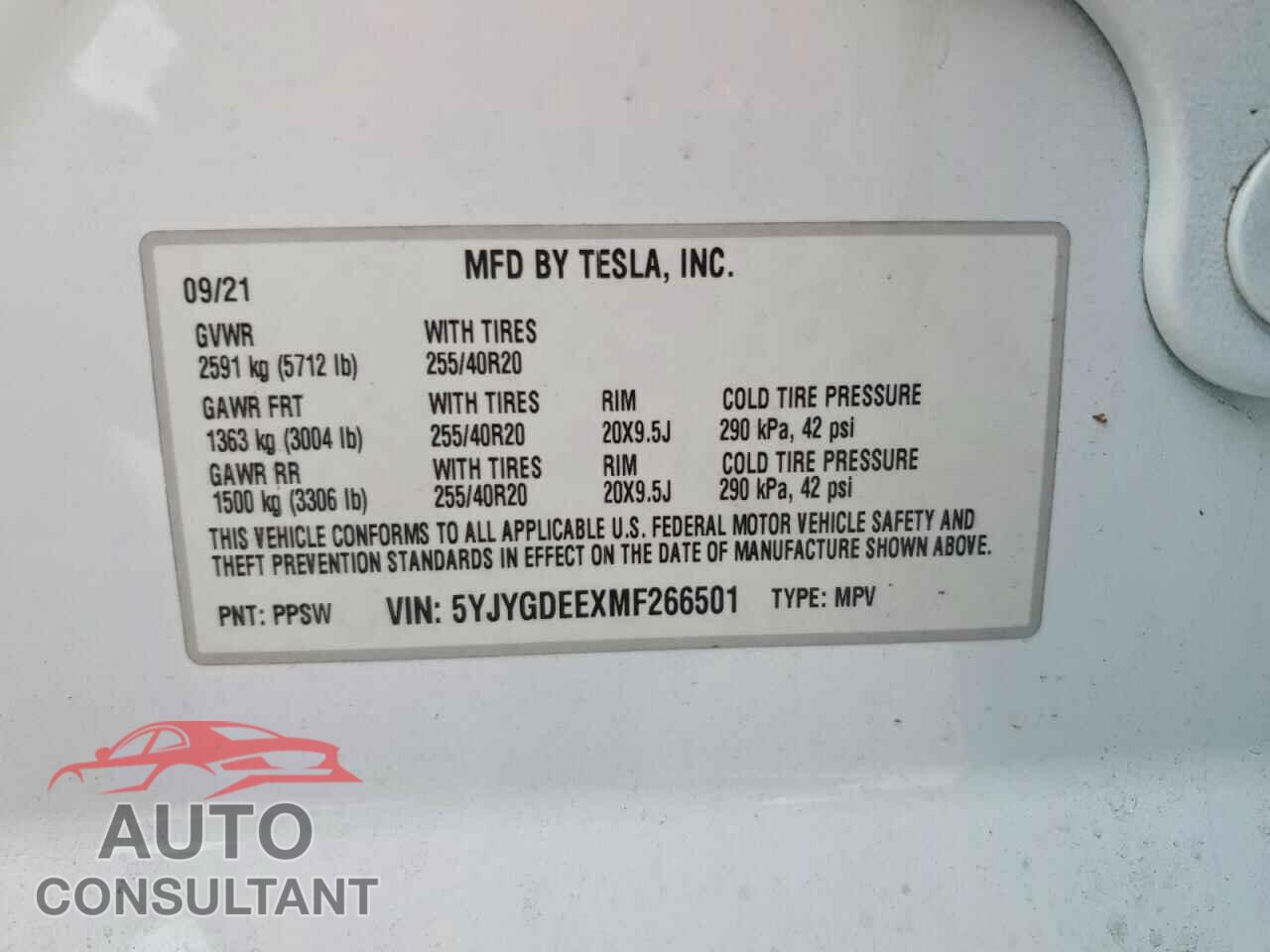 TESLA MODEL Y 2021 - 5YJYGDEEXMF266501