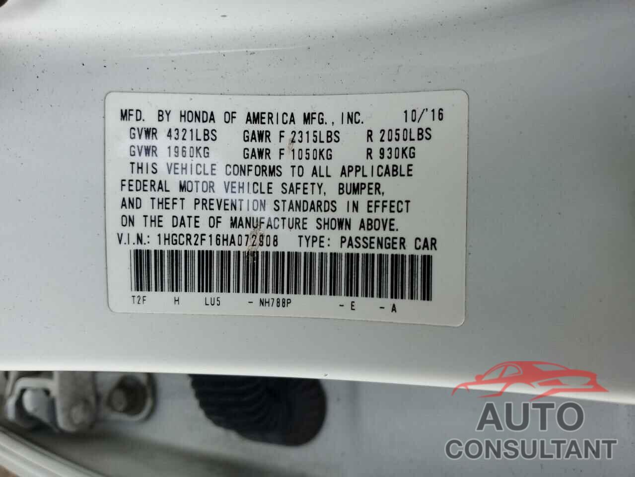 HONDA ACCORD 2017 - 1HGCR2F16HA072908