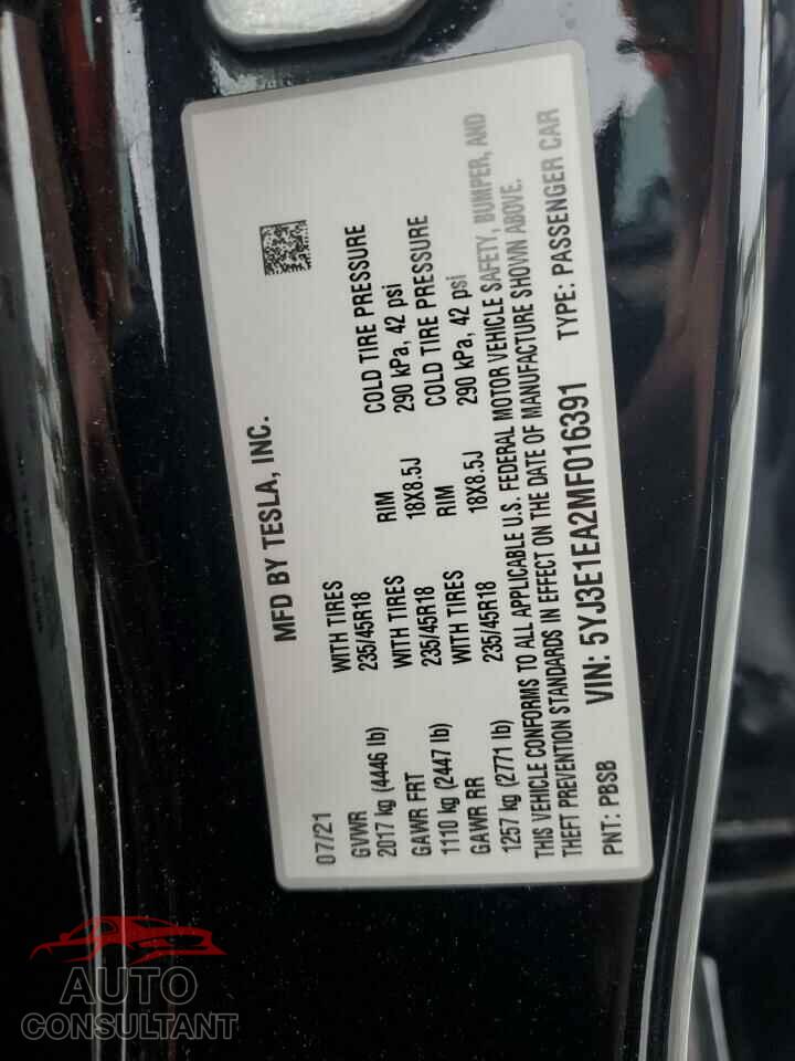 TESLA MODEL 3 2021 - 5YJ3E1EA2MF016391