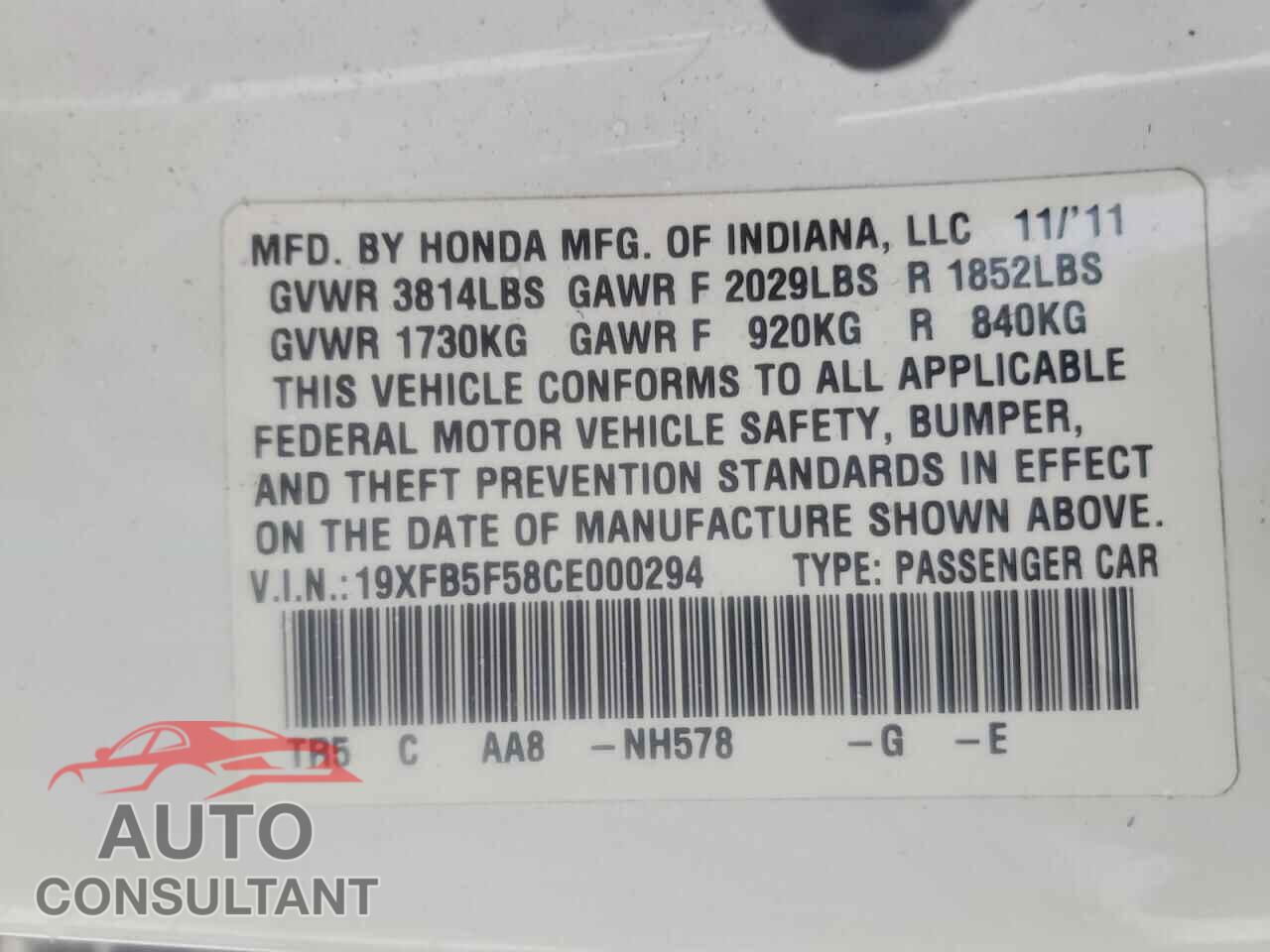 HONDA CIVIC 2012 - 19XFB5F58CE000294