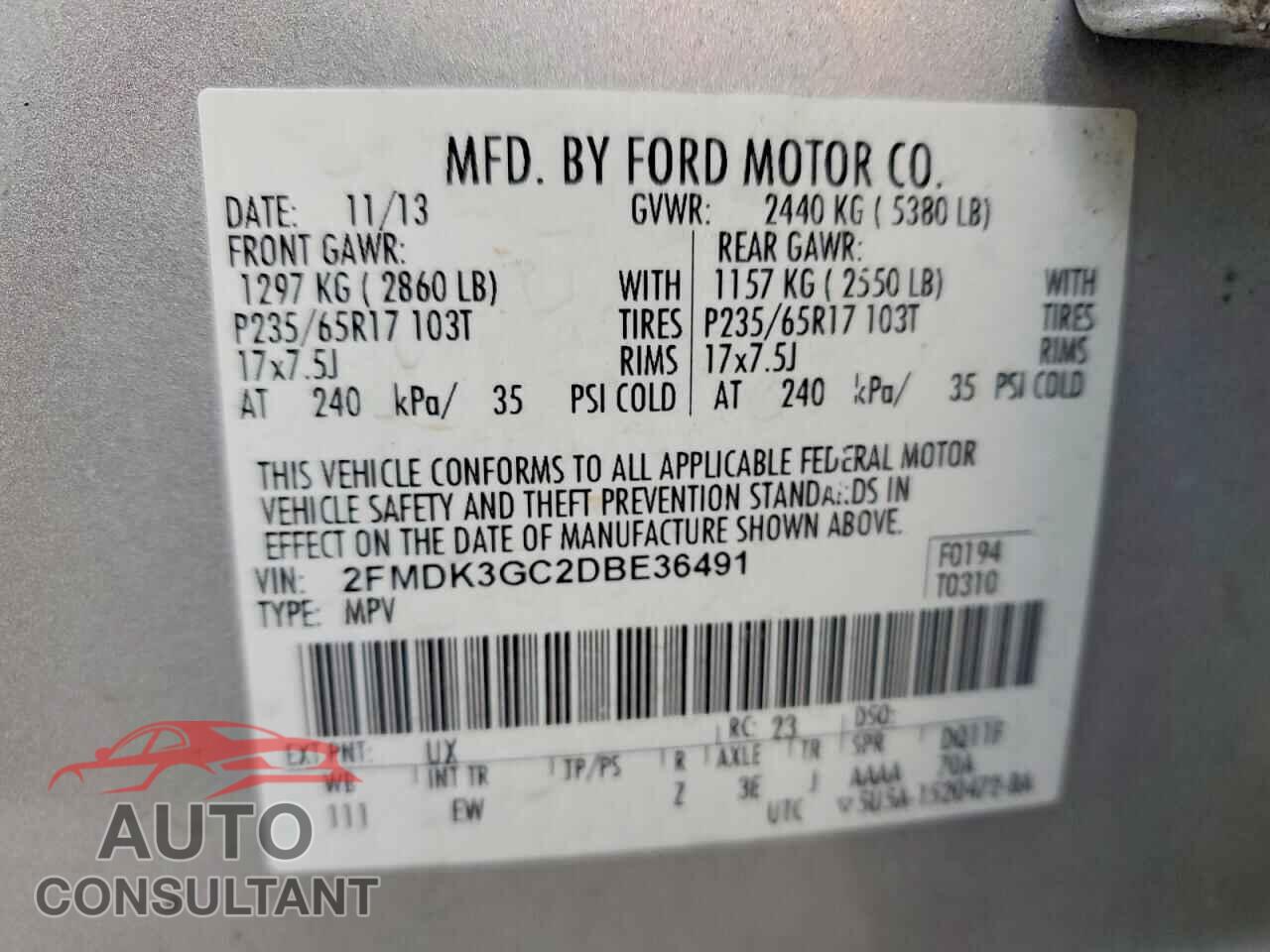 FORD EDGE 2013 - 2FMDK3GC2DBE36491