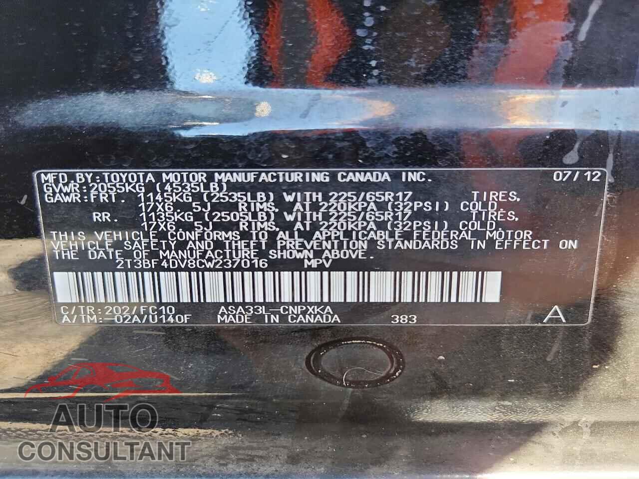 TOYOTA RAV4 2012 - 2T3BF4DV8CW237016
