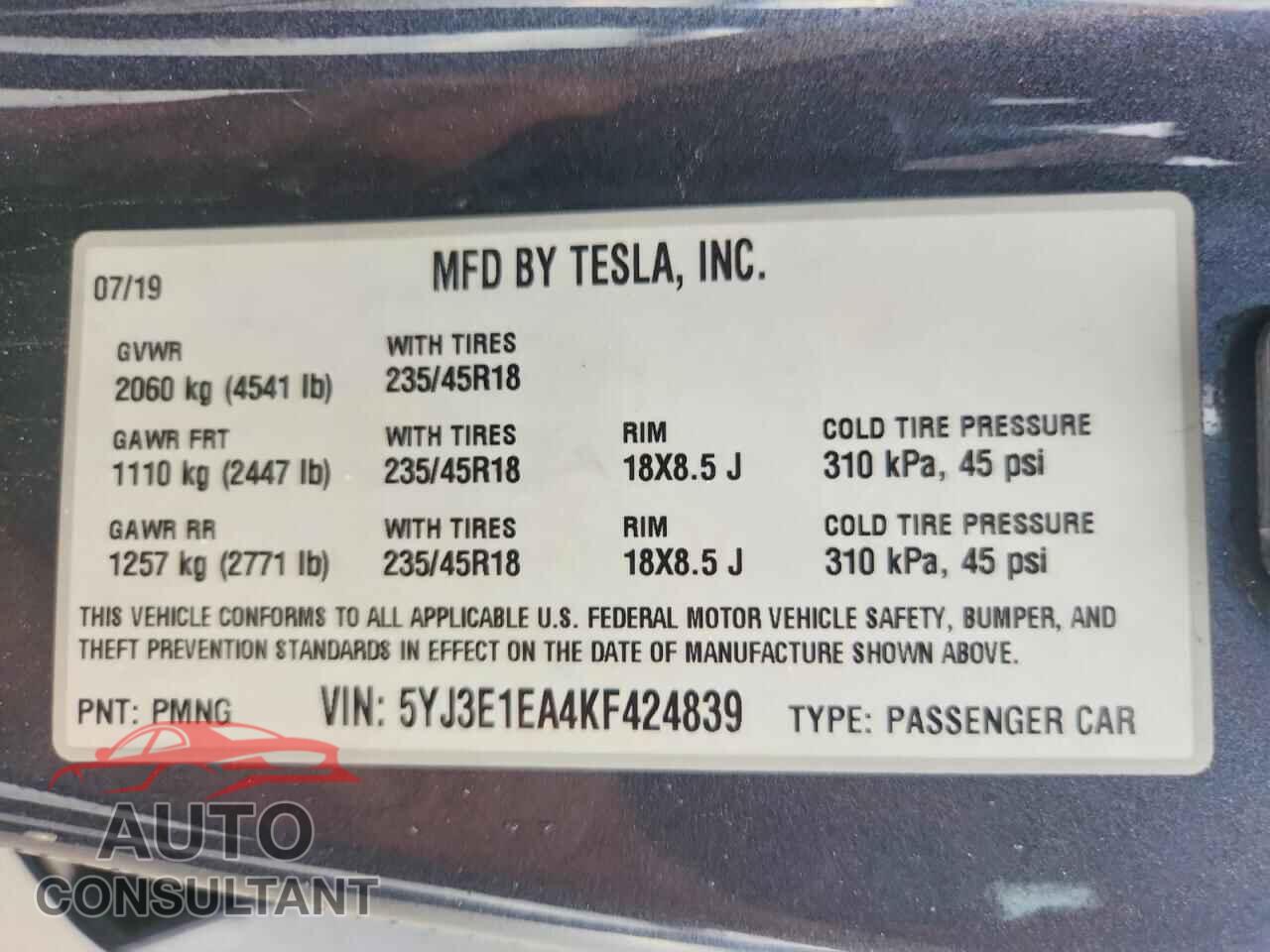 TESLA MODEL 3 2019 - 5YJ3E1EA4KF424839
