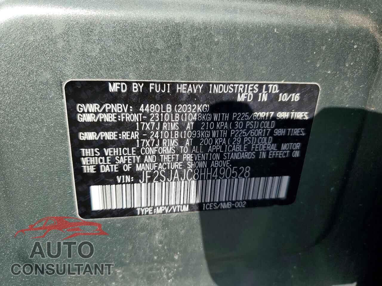 SUBARU FORESTER 2017 - JF2SJAJC8HH490528