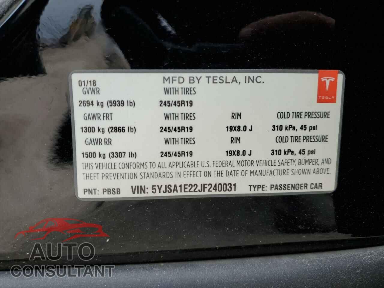 TESLA MODEL S 2018 - 5YJSA1E22JF240031