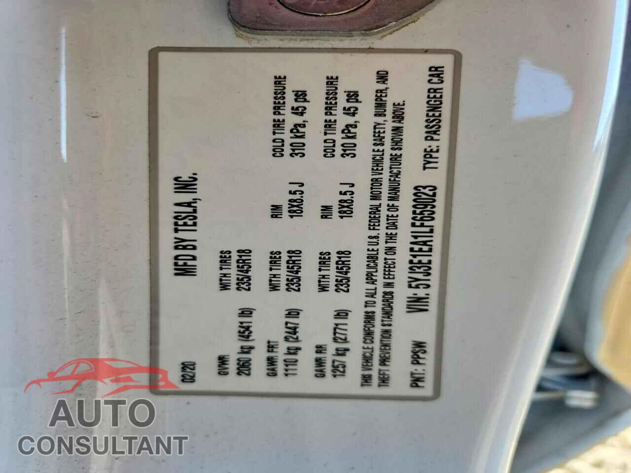 TESLA MODEL 3 2020 - 5YJ3E1EA1LF659023