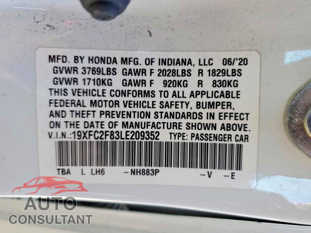 HONDA CIVIC 2020 - 19XFC2F83LE209352