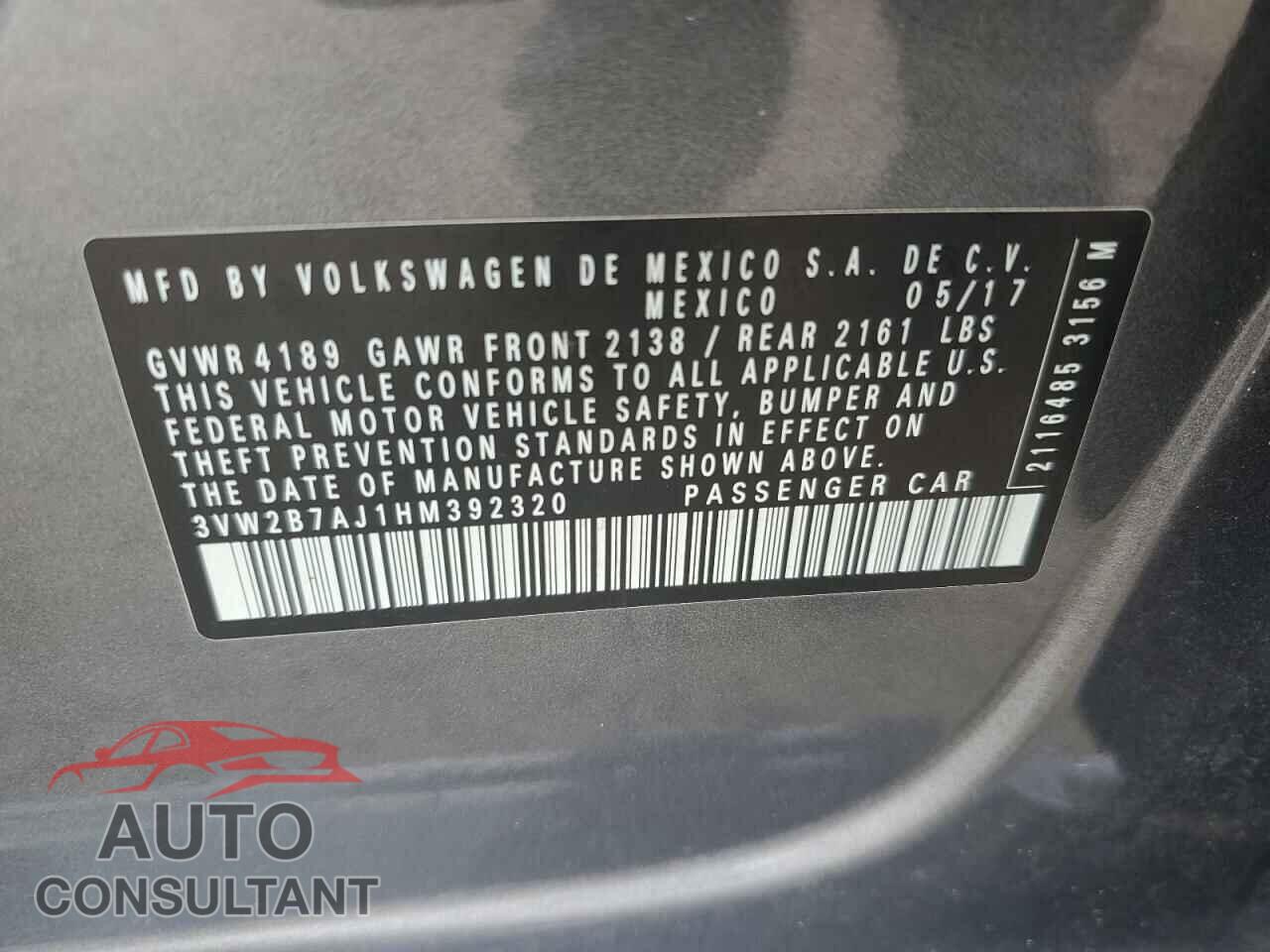 VOLKSWAGEN JETTA 2017 - 3VW2B7AJ1HM392320
