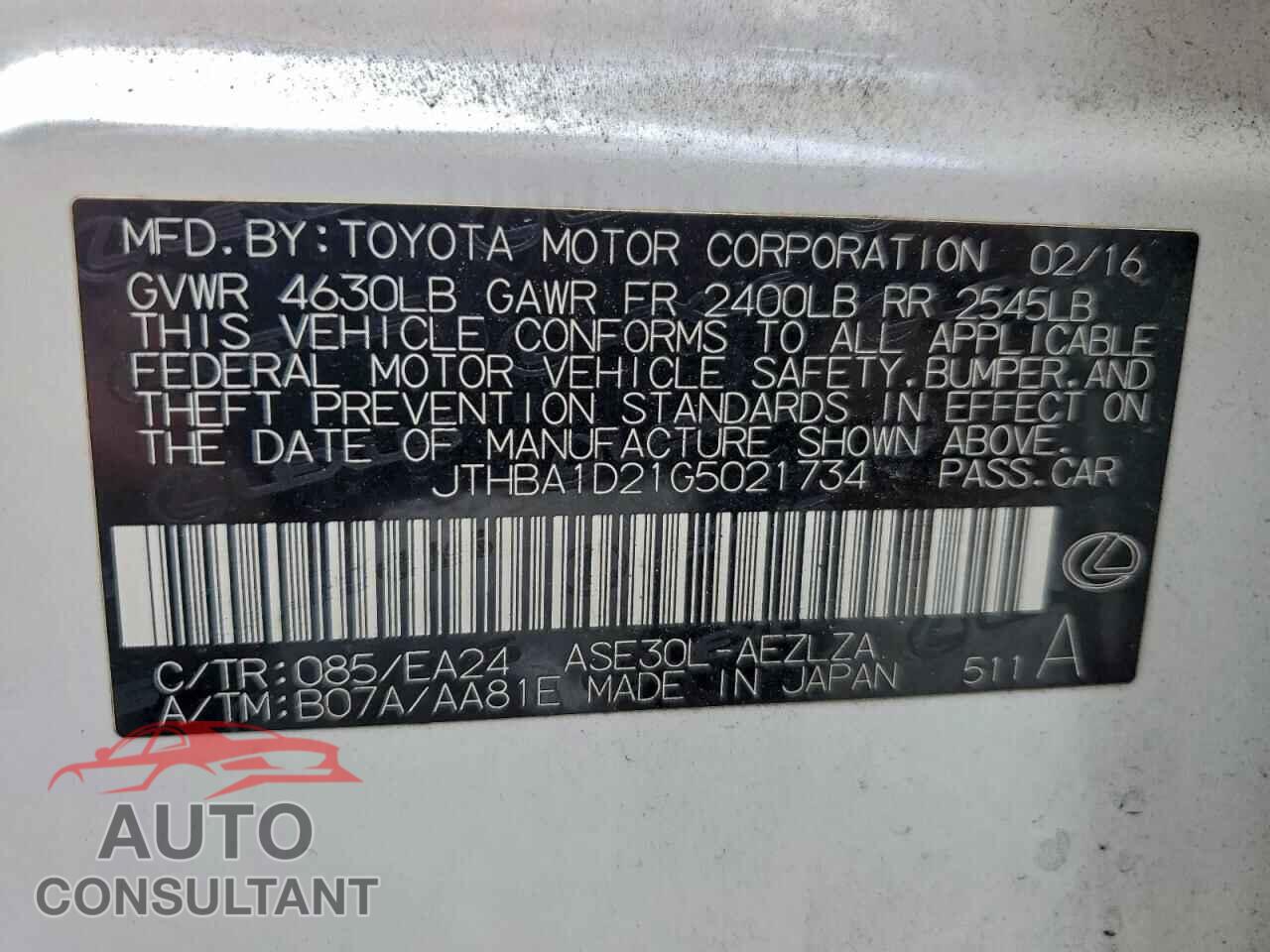 LEXUS IS 2016 - JTHBA1D21G5021734