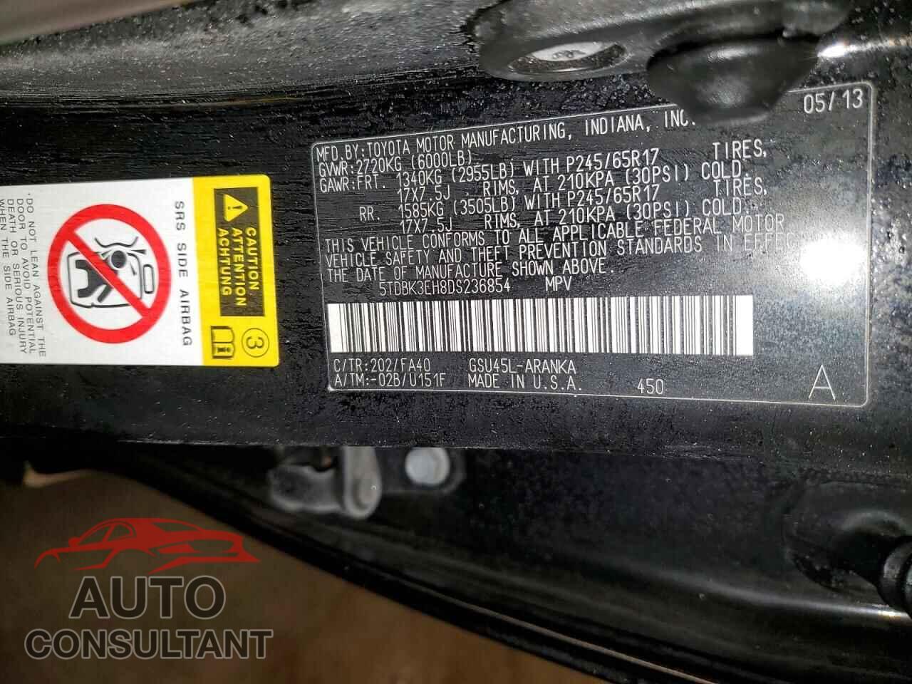 TOYOTA HIGHLANDER 2013 - 5TDBK3EH8DS236854