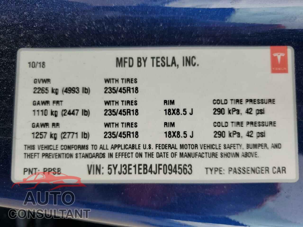TESLA MODEL 3 2018 - 5YJ3E1EB4JF094563