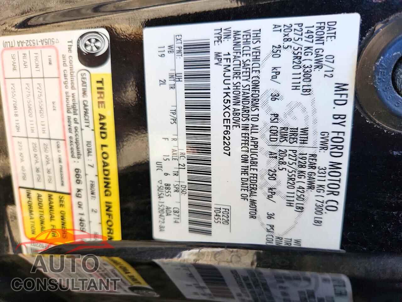 FORD EXPEDITION 2012 - 1FMJU1K5XCEF62207