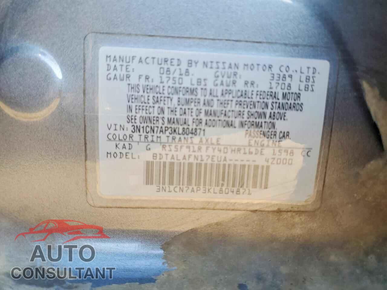NISSAN VERSA 2019 - 3N1CN7AP3KL804871