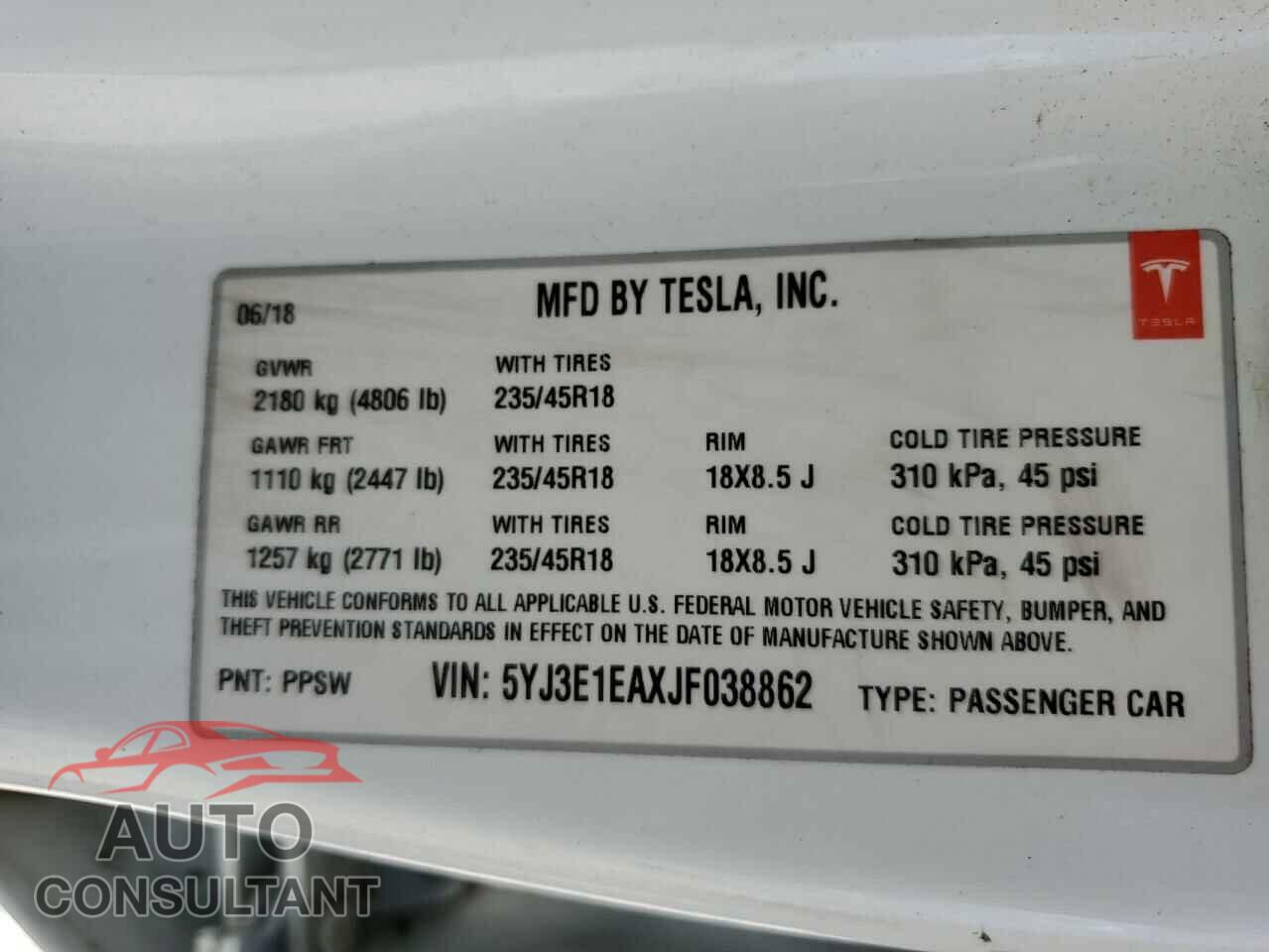 TESLA MODEL 3 2018 - 5YJ3E1EAXJF038862