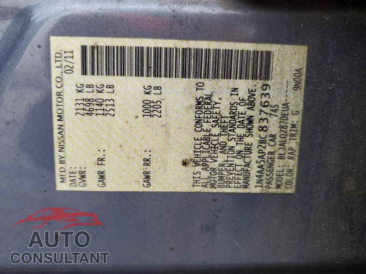 NISSAN MAXIMA 2011 - 1N4AA5AP2BC837639