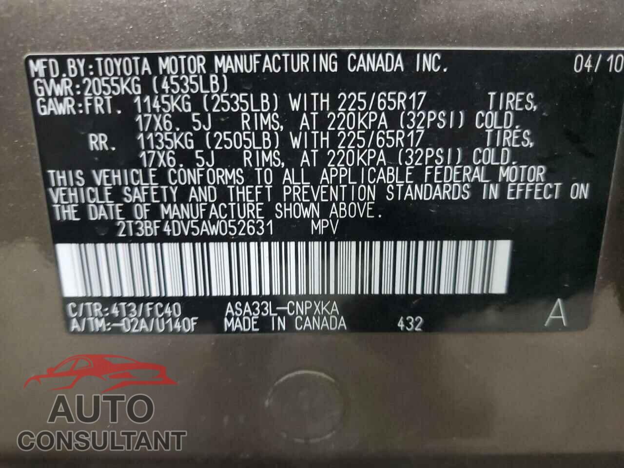 TOYOTA RAV4 2010 - 2T3BF4DV5AW052631