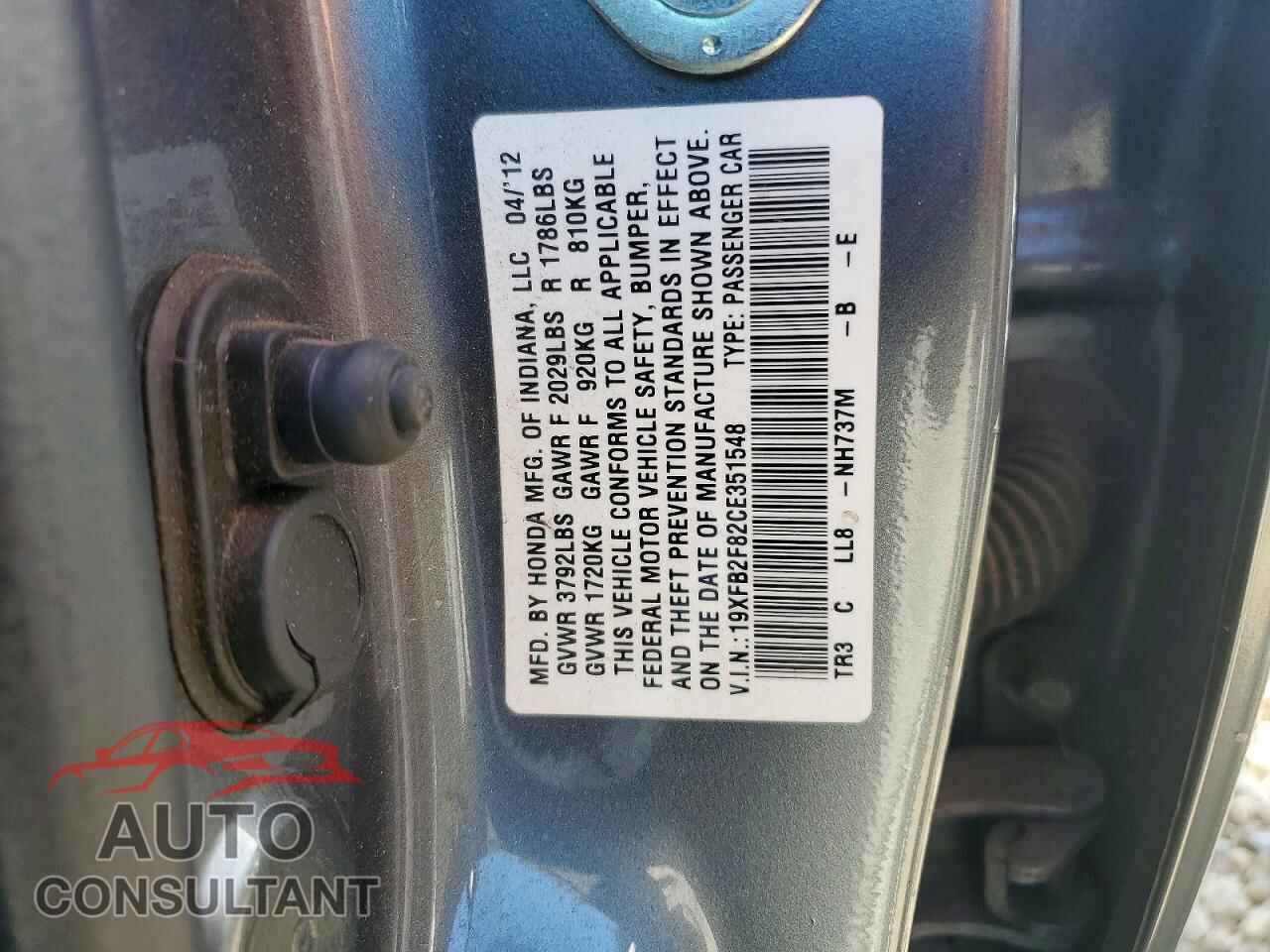 HONDA CIVIC 2012 - 19XFB2F82CE351548