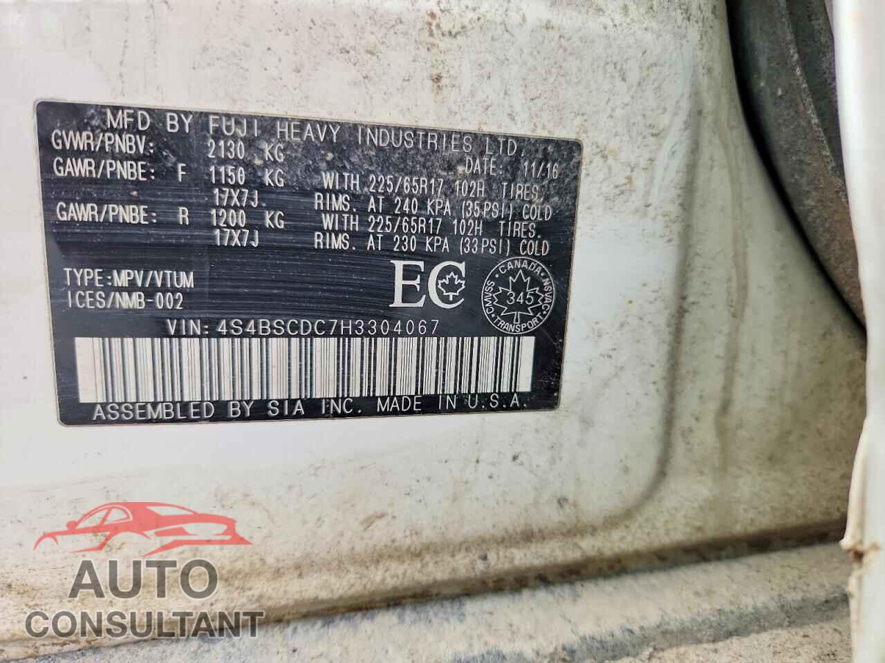 SUBARU OUTBACK 2017 - 4S4BSCDC7H3304067