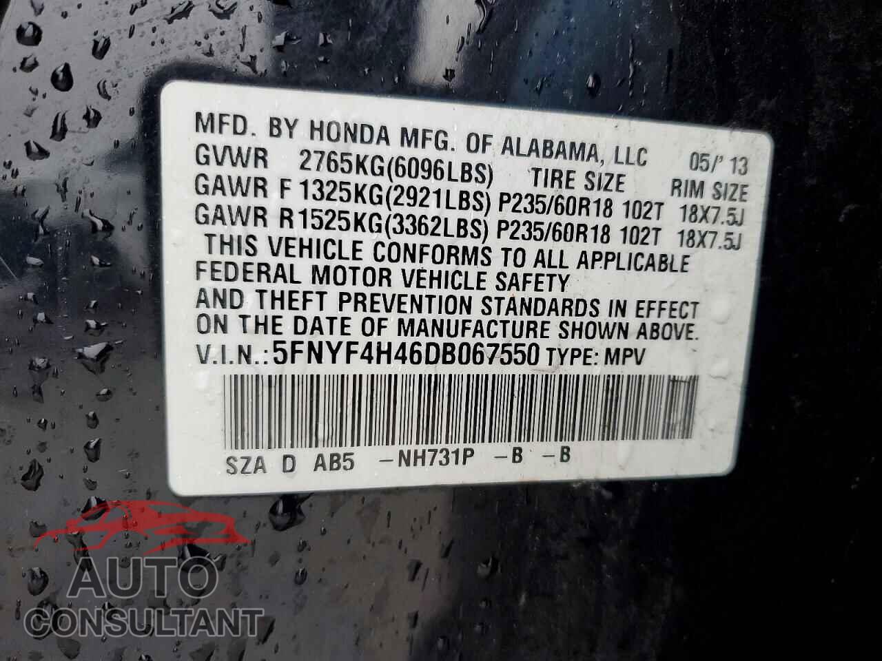 HONDA PILOT 2013 - 5FNYF4H46DB067550