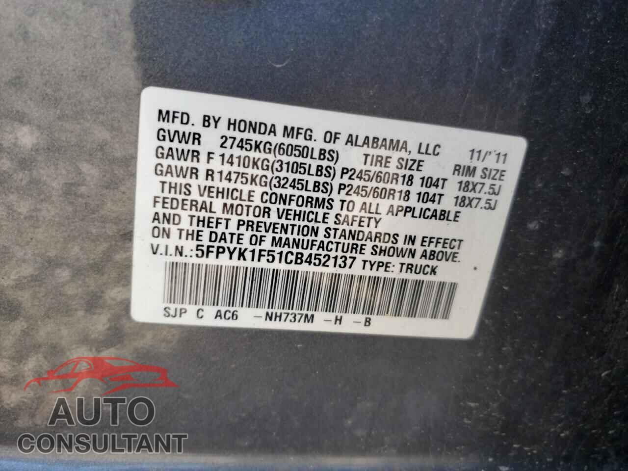 HONDA RIDGELINE 2012 - 5FPYK1F51CB452137
