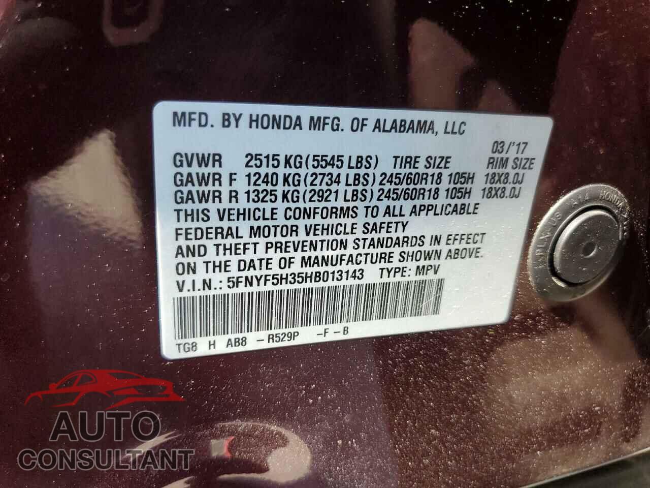 HONDA PILOT 2017 - 5FNYF5H35HB013143