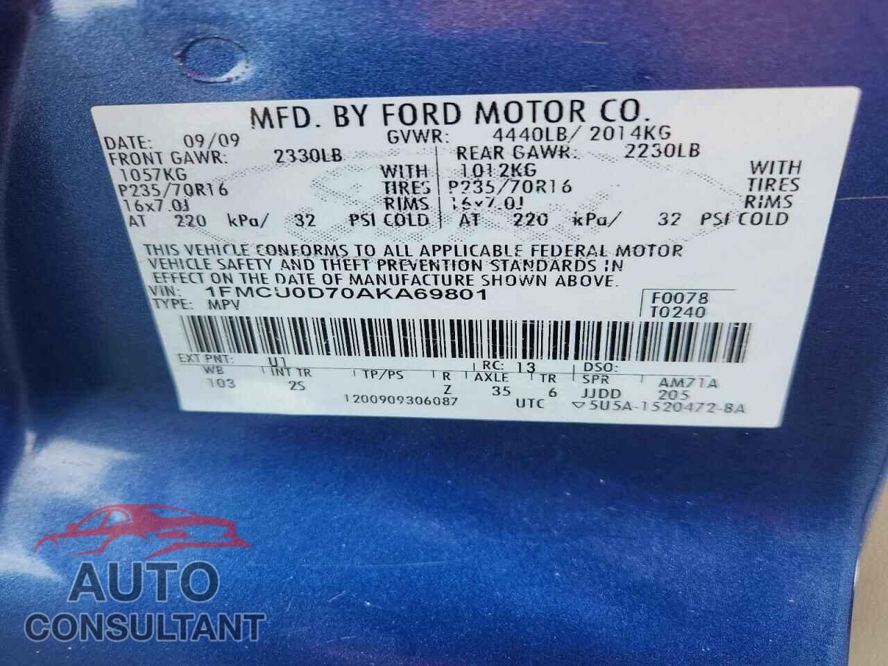 FORD ESCAPE 2010 - 1FMCU0D70AKA69801