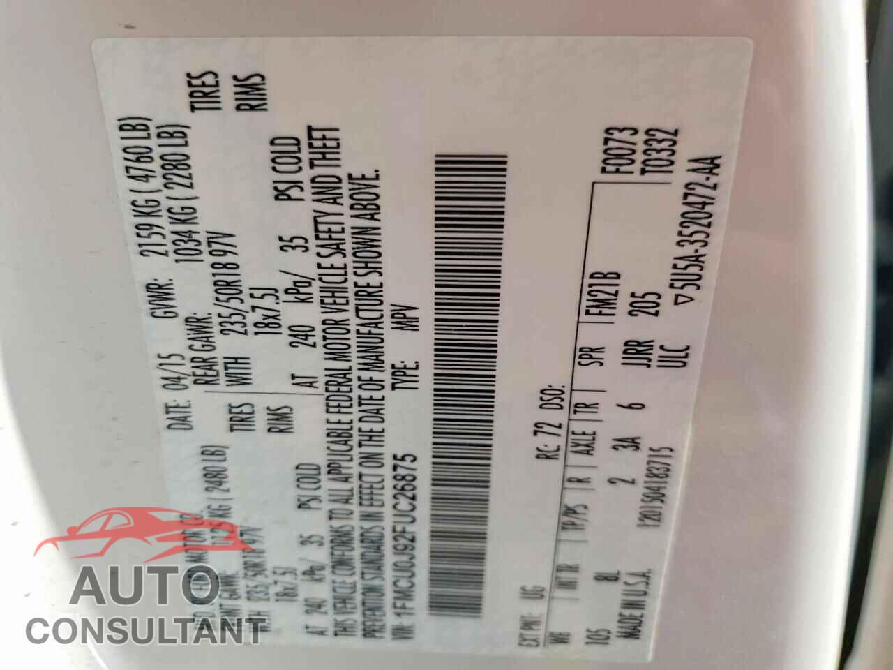 FORD ESCAPE 2015 - 1FMCU0J92FUC26875