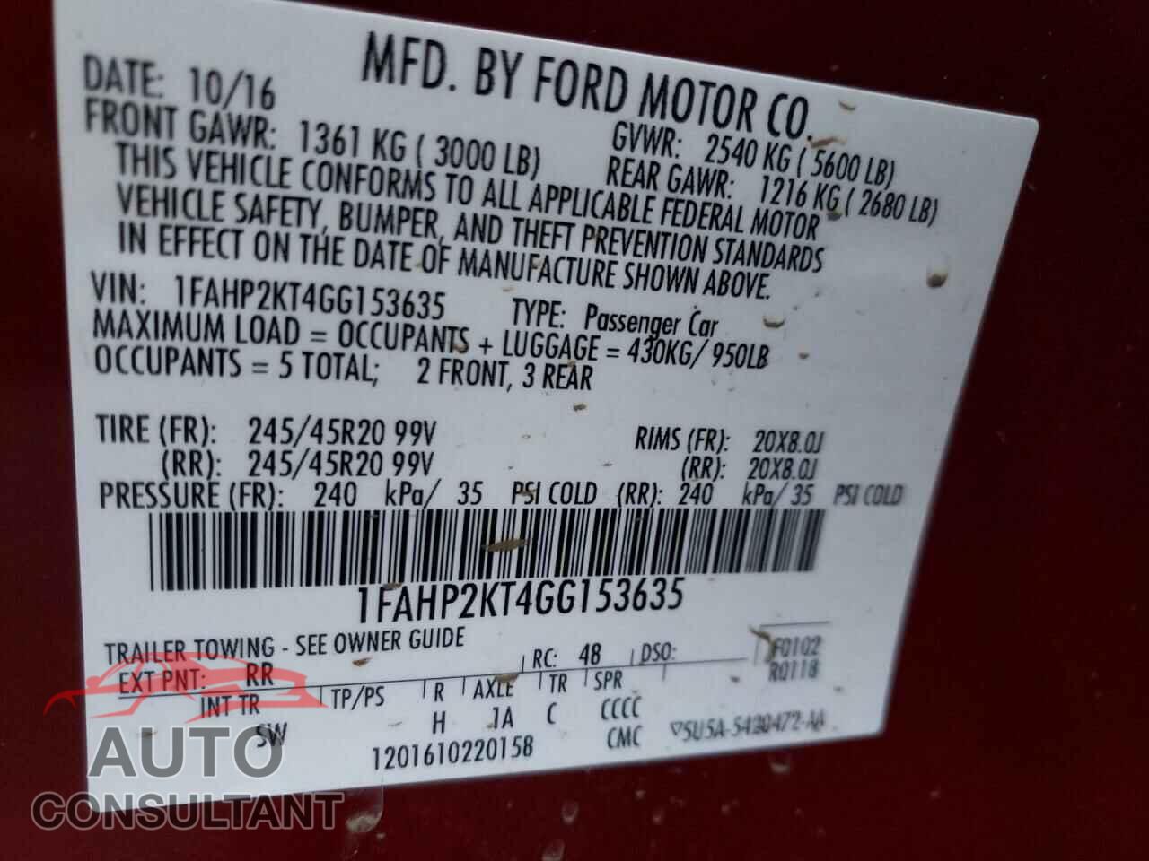 FORD TAURUS 2016 - 1FAHP2KT4GG153635