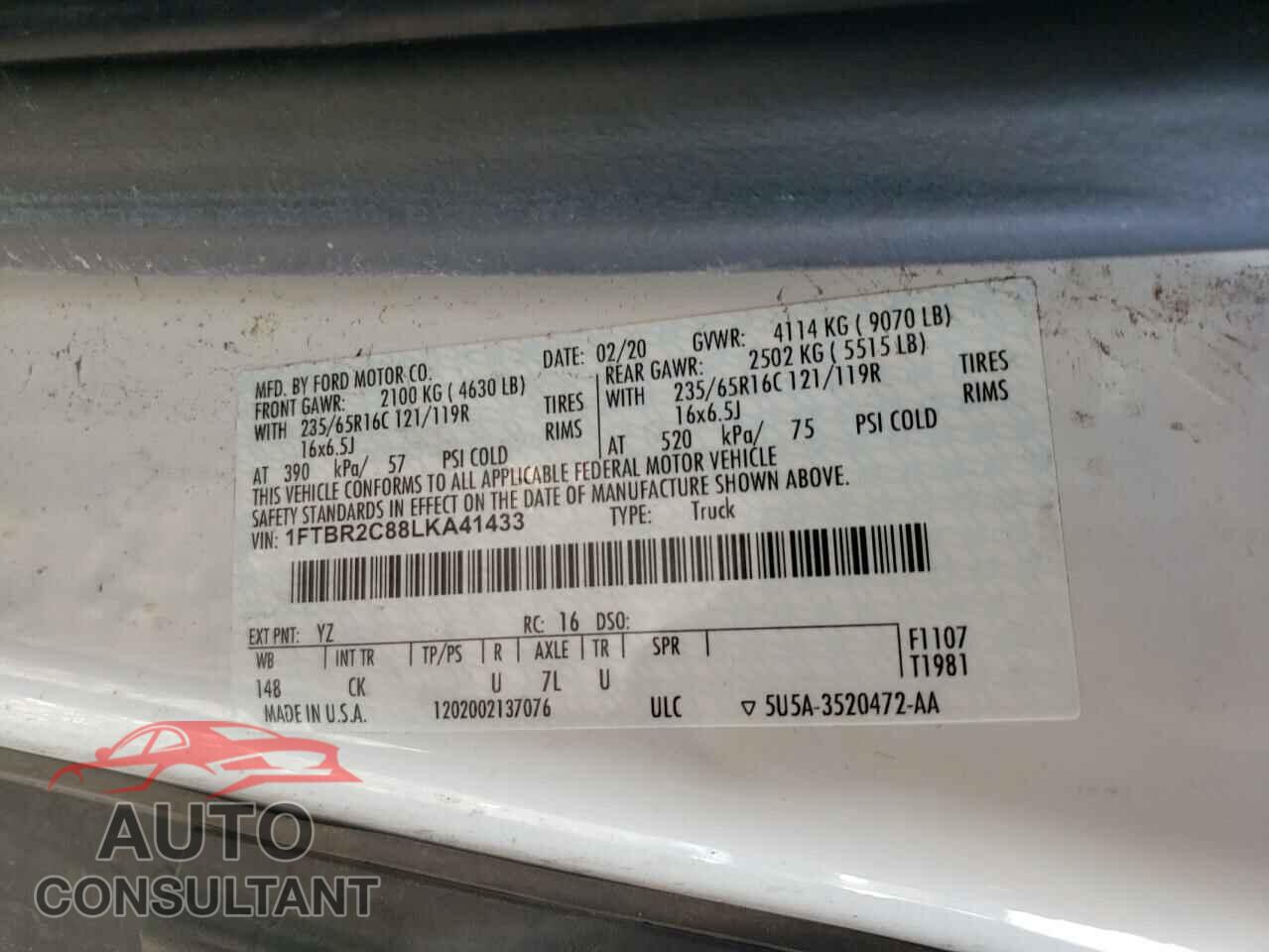 FORD TRANSIT CO 2020 - 1FTBR2C88LKA41433