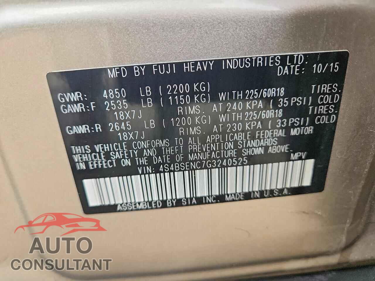 SUBARU OUTBACK 2016 - 4S4BSENC7G3240525