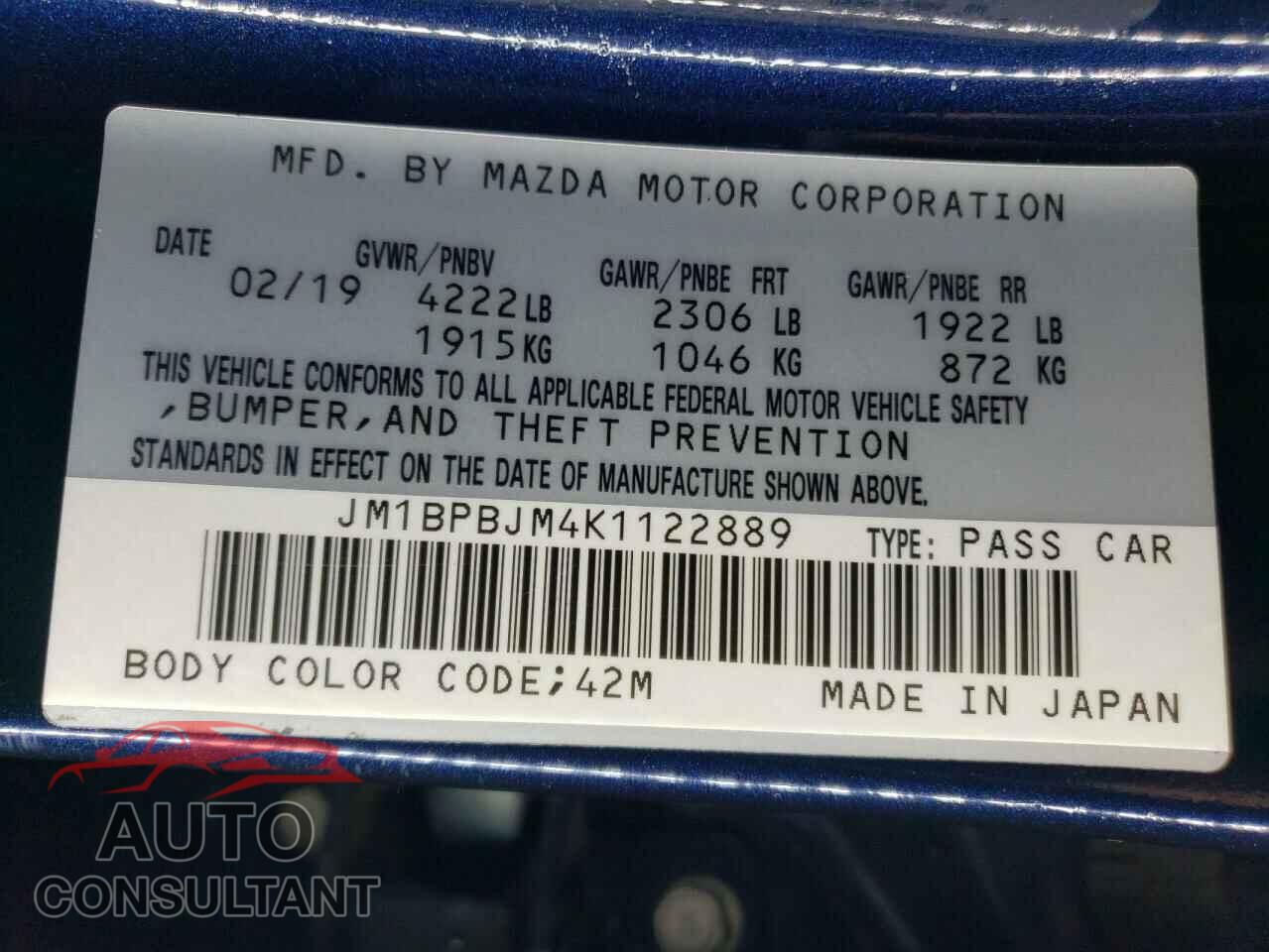 MAZDA 3 2019 - JM1BPBJM4K1122889