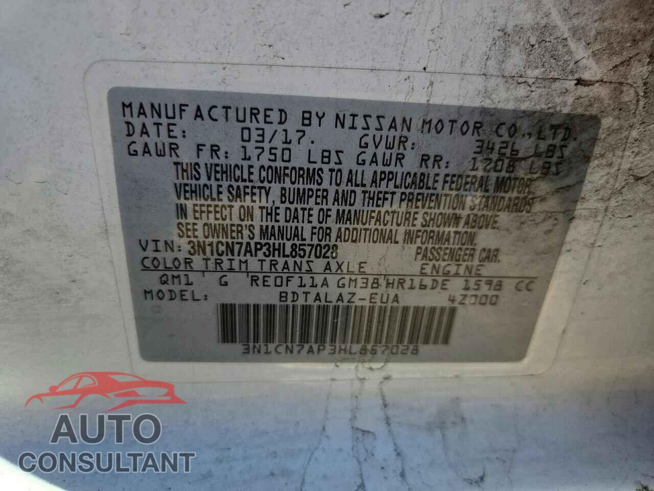 NISSAN VERSA 2017 - 3N1CN7AP3HL857028