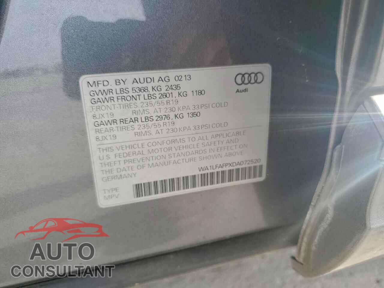 AUDI Q5 2013 - WA1LFAFPXDA072520