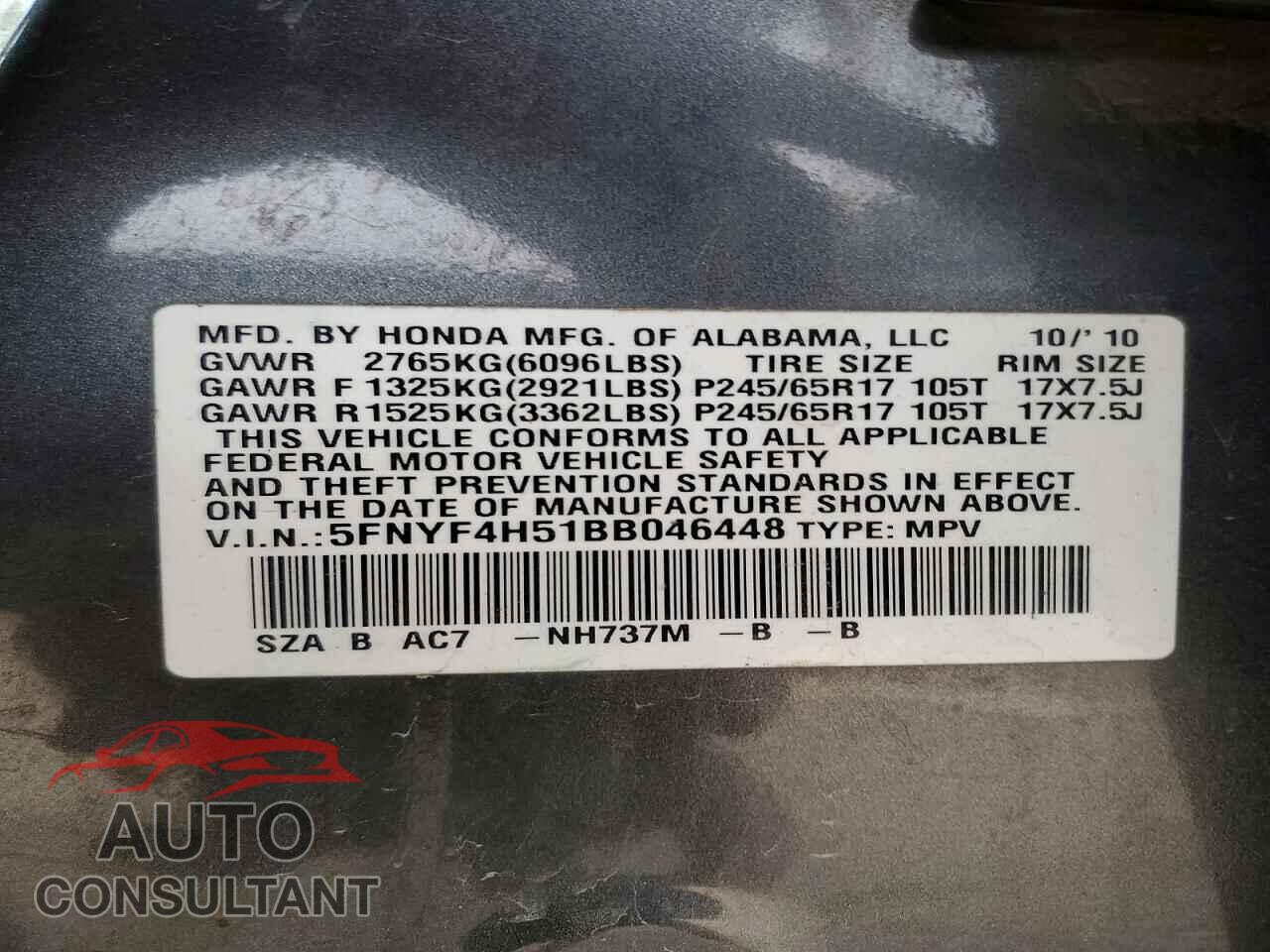 HONDA PILOT 2011 - 5FNYF4H51BB046448