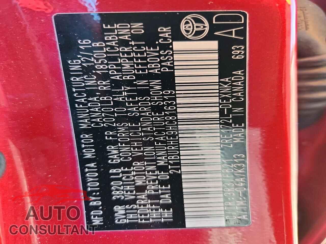 TOYOTA COROLLA 2017 - 2T1BURHE9HC816319