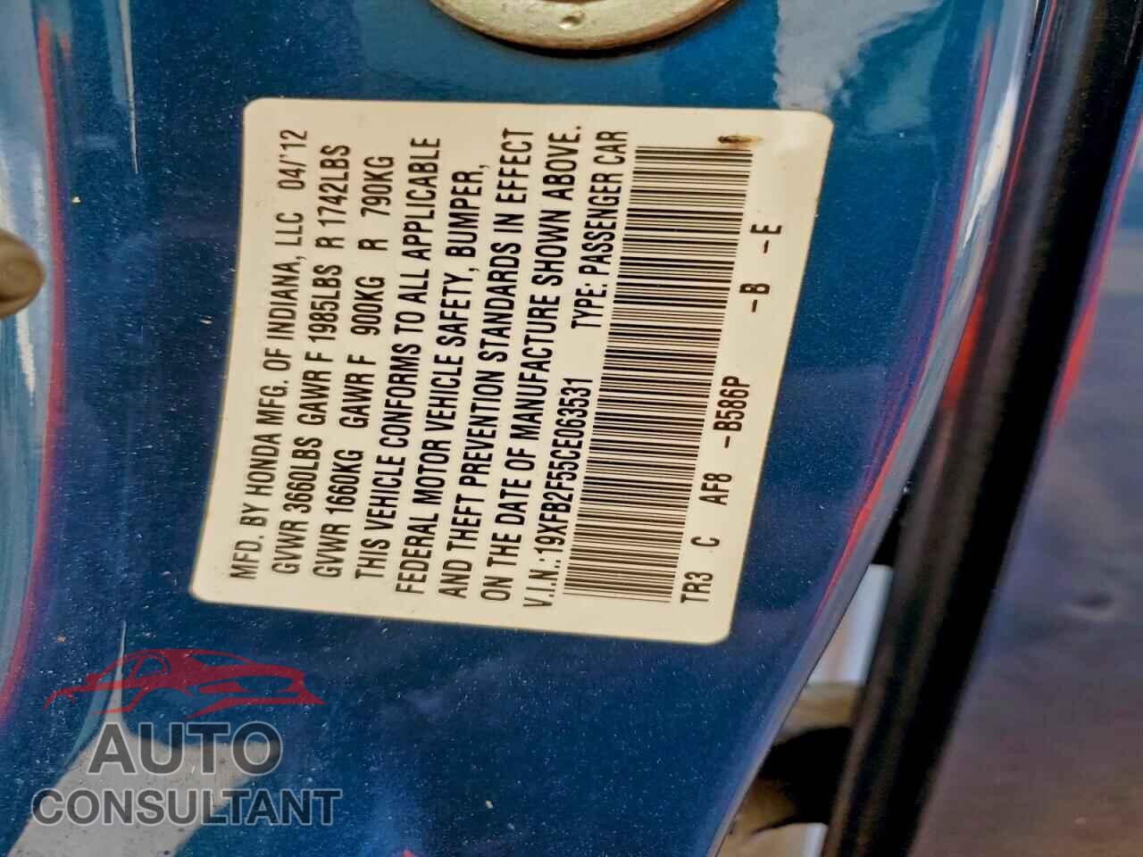 HONDA CIVIC 2012 - 19XFB2F55CE063531