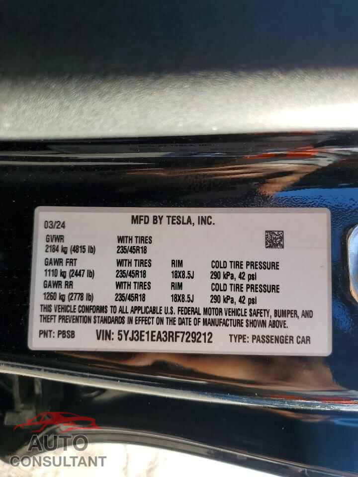 TESLA MODEL 3 2024 - 5YJ3E1EA3RF729212