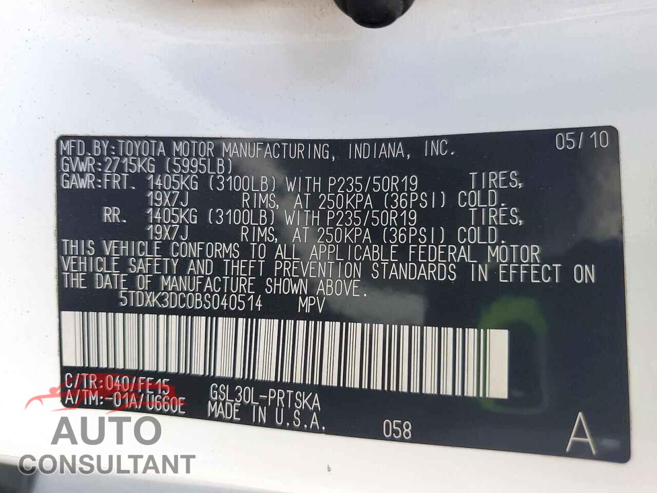 TOYOTA SIENNA 2011 - 5TDXK3DC0BS040514