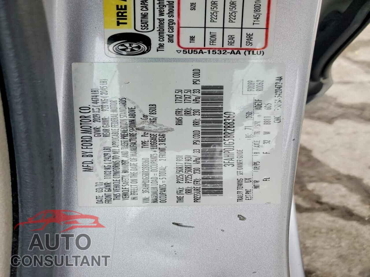 FORD FUSION 2011 - 3FAHP0JG5BR288360